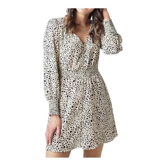 BB Dakota 'Spot A Cutie' Smocked Mini Dress Cream with Black Spots Size L - Picture 2 of 9